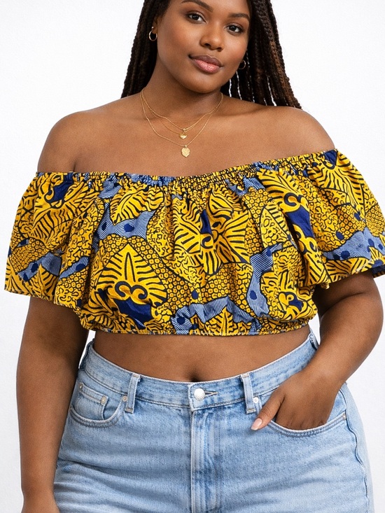 Tops - African Print Off Shoulder Crop Top XL XXL Ankara Ruffle Top